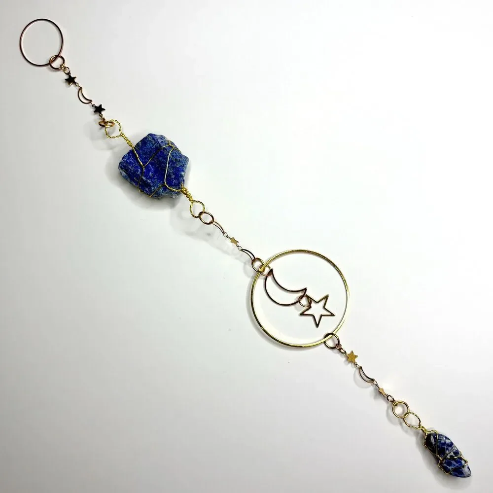 Lapis Lazuli Wall Hanging | Raw & Tumbled Stone | Gold Moon Star Circle Frame